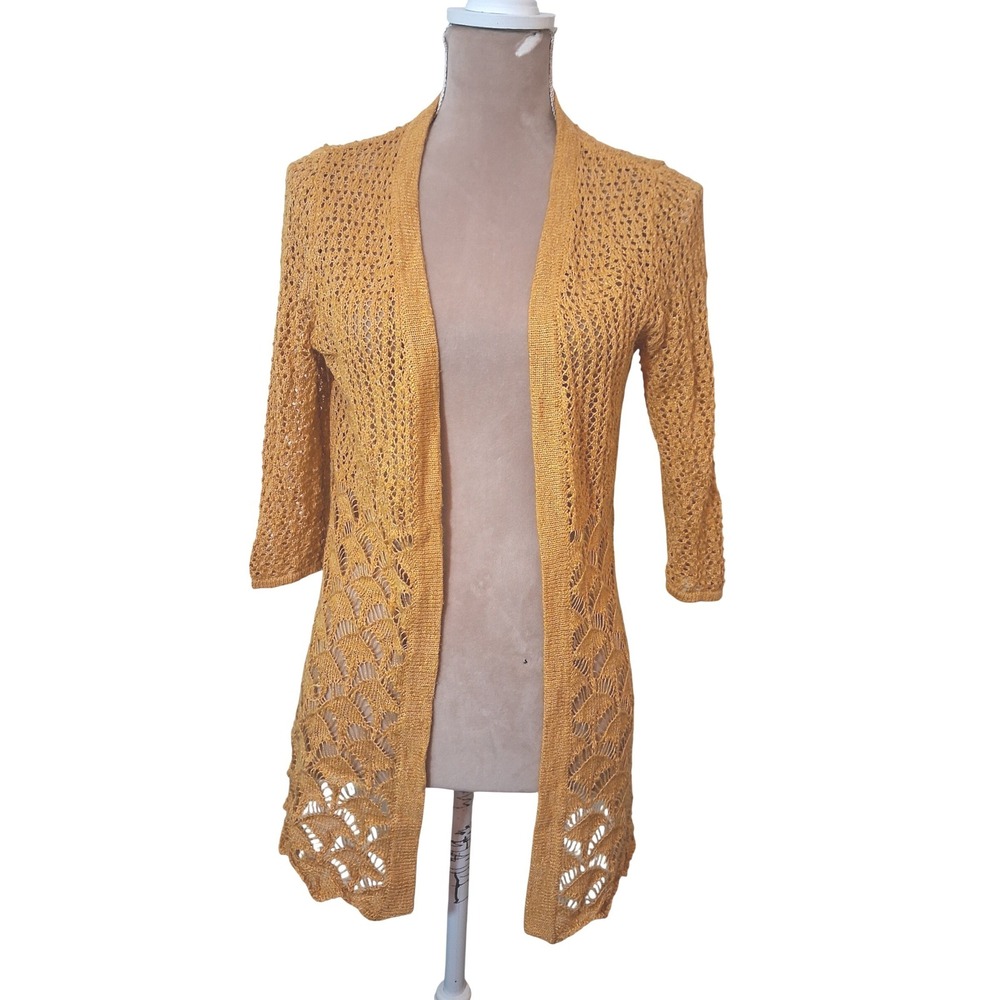 Christopher & Banks Petite Small Mustard Yellow Crochet Open Front Cardigan